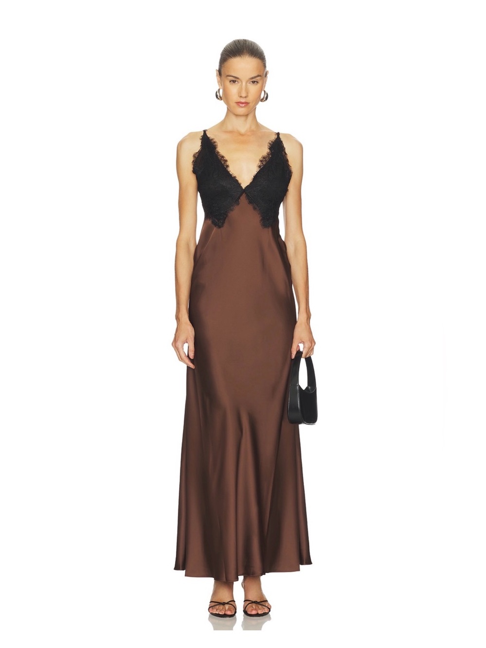 LoveShackFancy Brown Satin Slip with Black Lace Trim